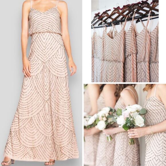 NWT ADRIANNA PAPELL DRESS ART DECO SEQUIN BEADED BLOUSON LONG MAXI TAUPE PINK - Picture 1 of 12